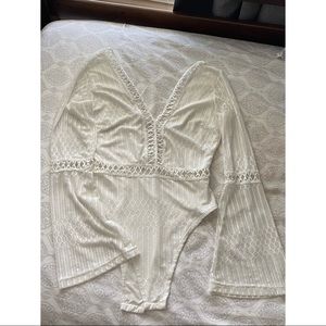 Deep V White Long Sleeved Bodysuit